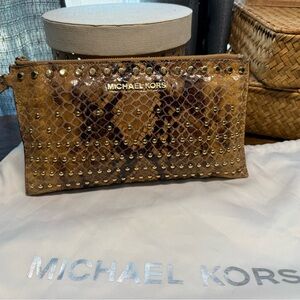 Michael Kors Gold and Brown Studded Snake Print Wristlet
